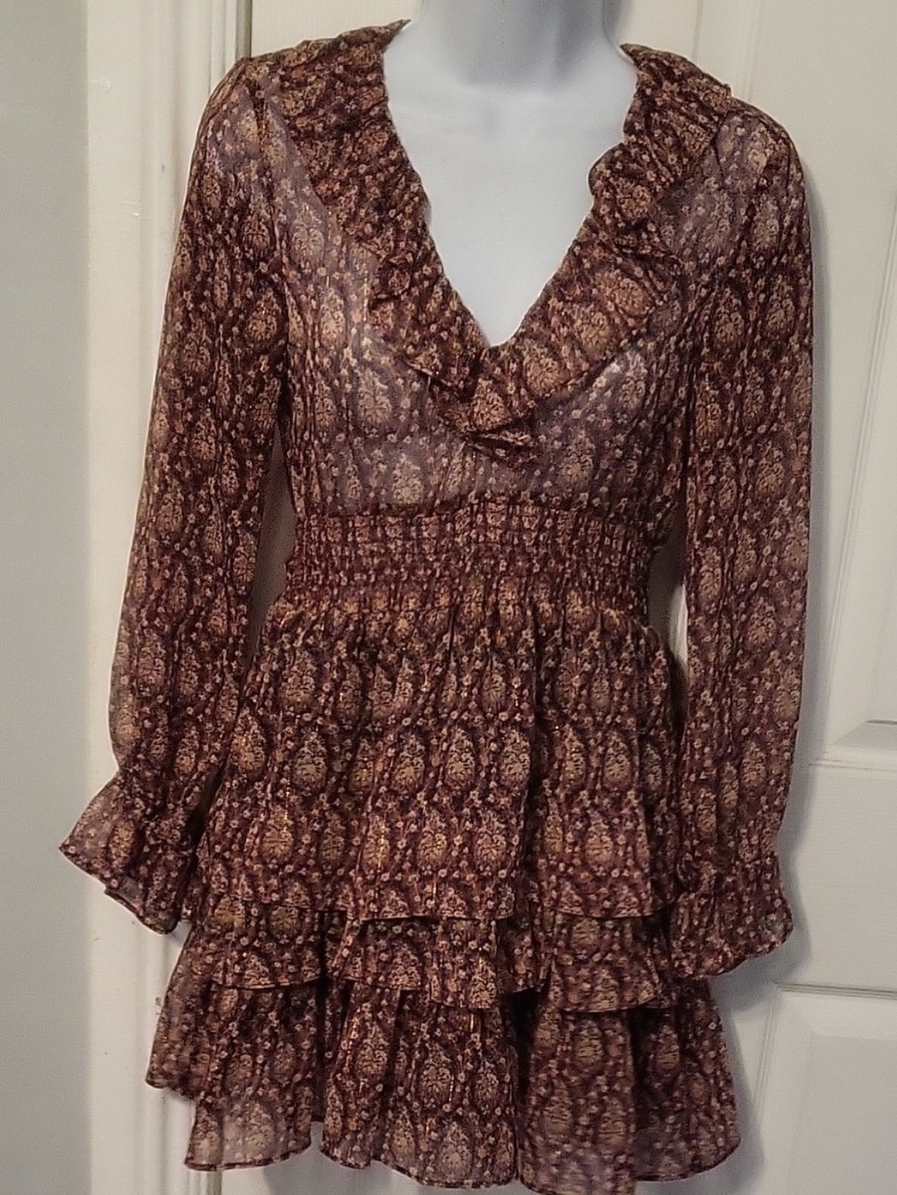 Zara Smocked Waist Ruffle-Tiered Long-Sleeve Dress in Brown Paisley